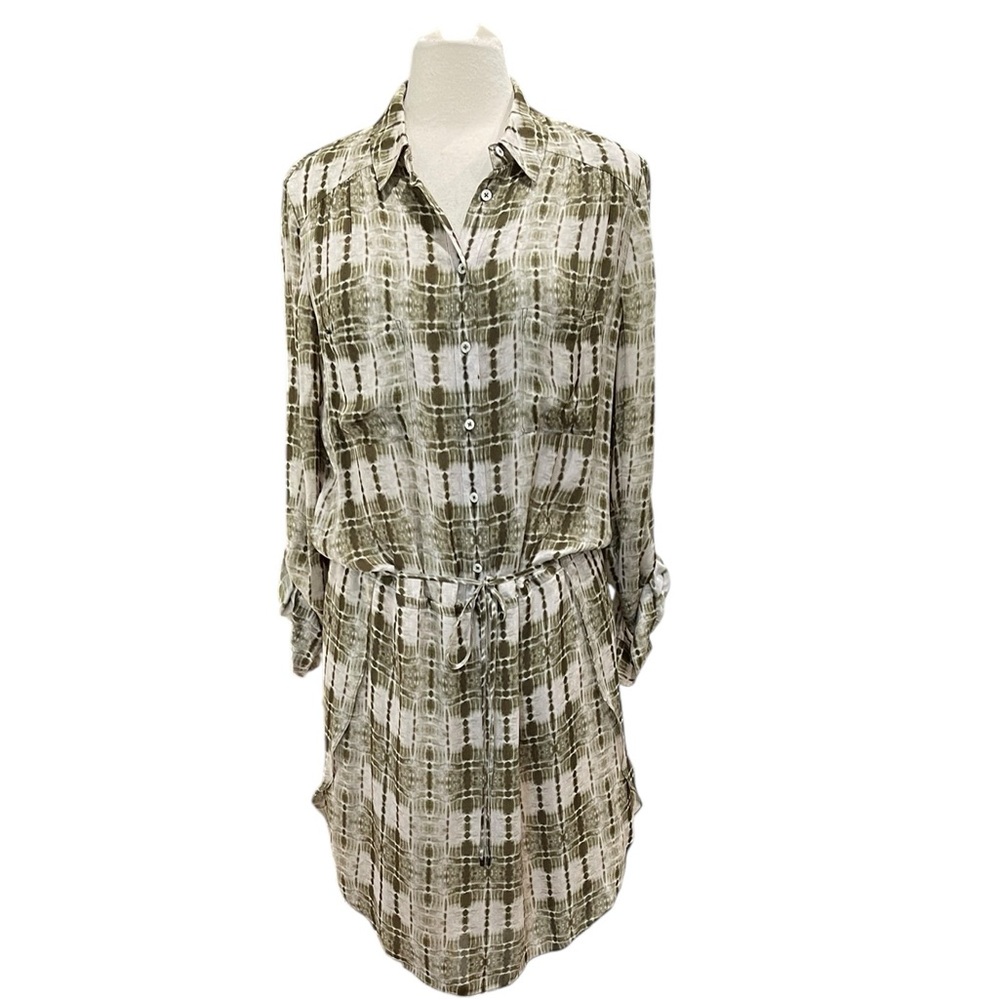 Haute Hippie Tie Dye Silk Shirt Dress SZ L Cream  Olive Green